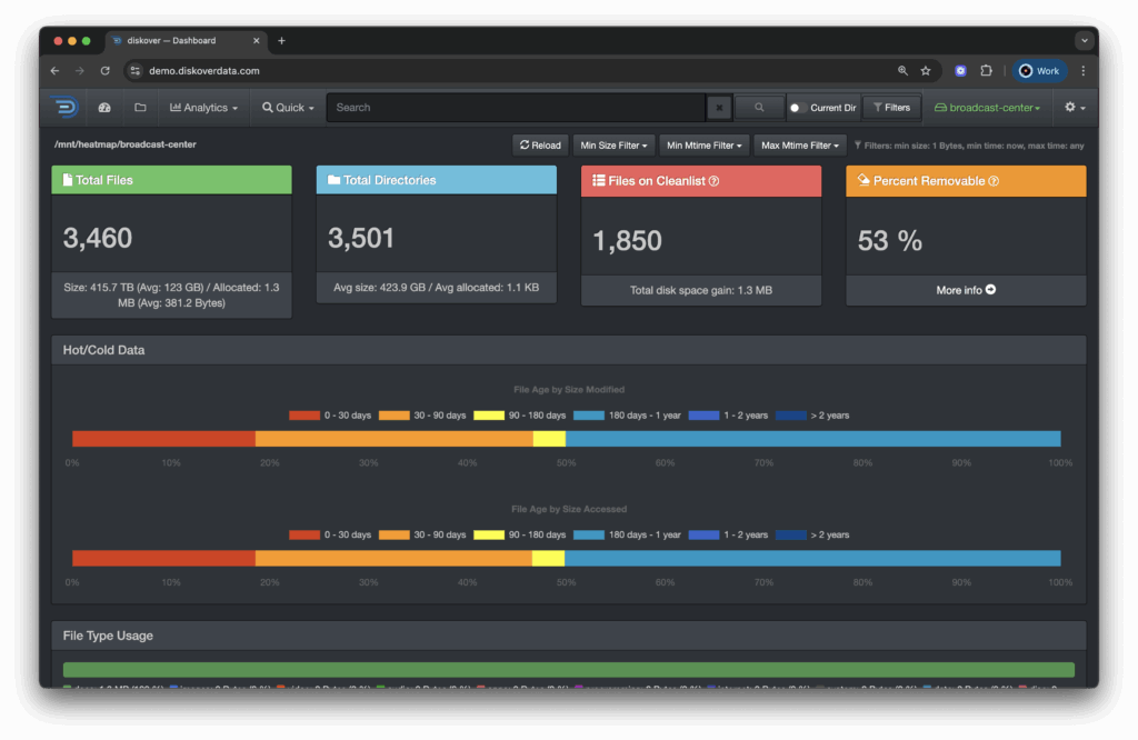 Diskover Dashboard showing multiple unstructured data storages