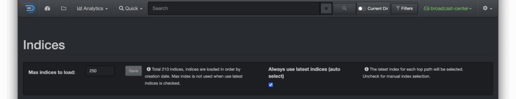 Diskover Index Management Page showing how we always display the latest diskover index for each storage type