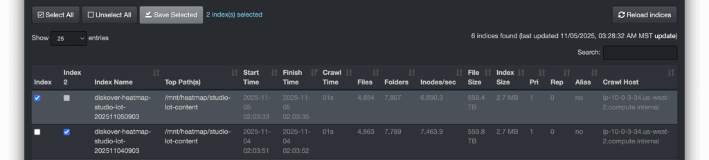 Diskover Index Management Page showing how to compare multiple indexes and use the Diskover heatmap feature