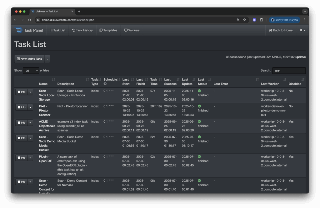 Diskover Index Task List showing how to improve unstructured data management by managing multiple storage types and devices