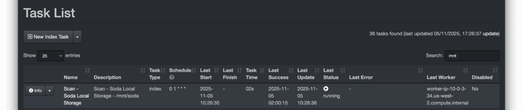 Diskover Task List Running a Scan to create a new Index of NAS storage