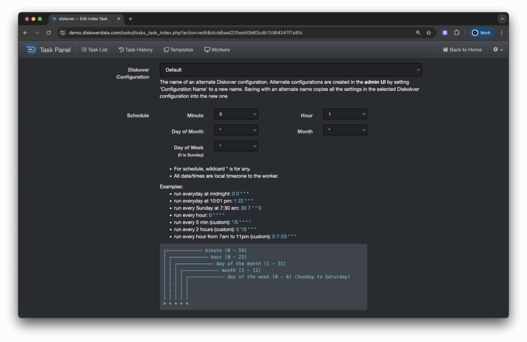 Diskover Task Page Scheduling a Scan to create a Diskover Index